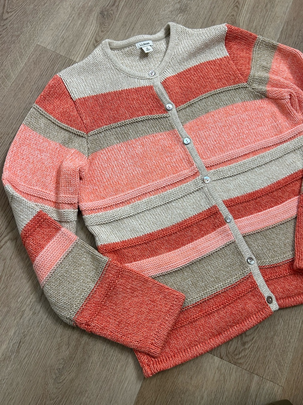 L.L. Bean 100% Cotton Thick Knit Textured Stripe Button Down Cardigan Sweater - Picture 3 of 16